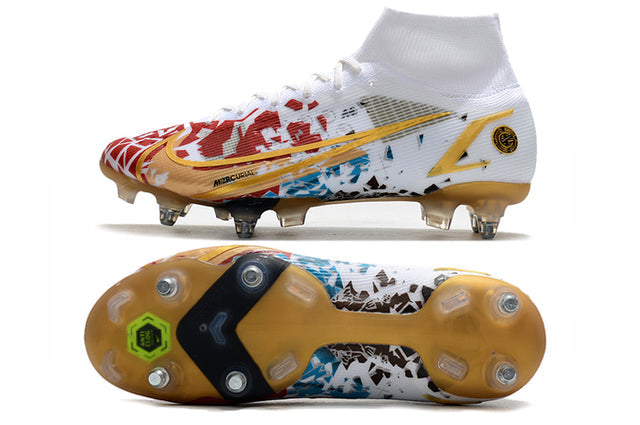 Chuteira Campo Nike Mercurial Superfly VIII Elite SG PRO Anti Clog White/Gold - Cano Alto