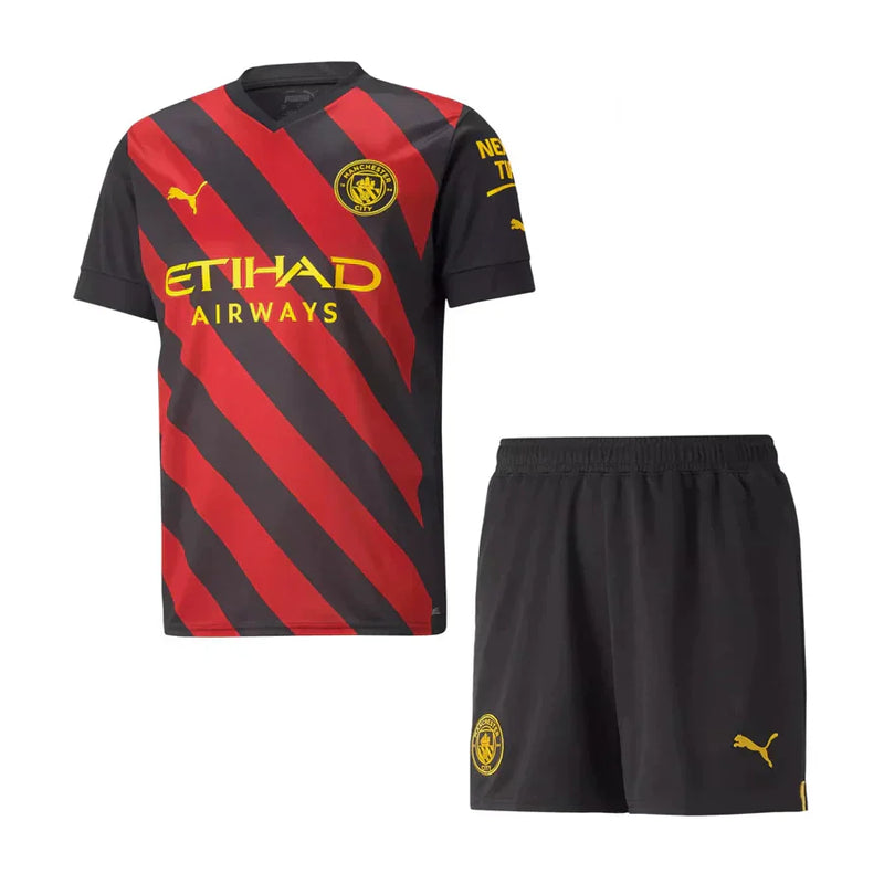 Conjunto Infantil Manchester City Away 22/23 - Preto e Vermelho